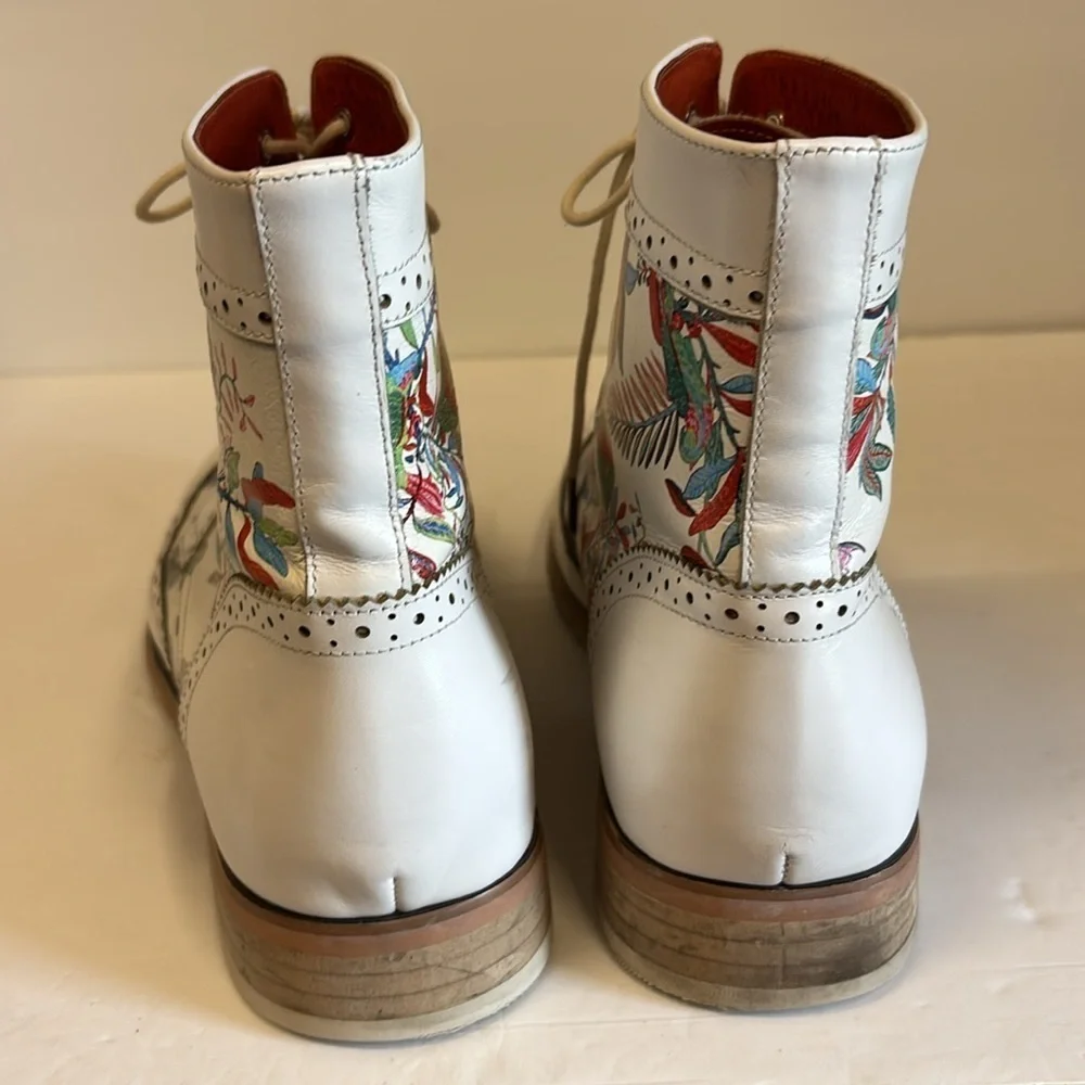 Colorsty White Leather Floral Brogue Lace Up Boots